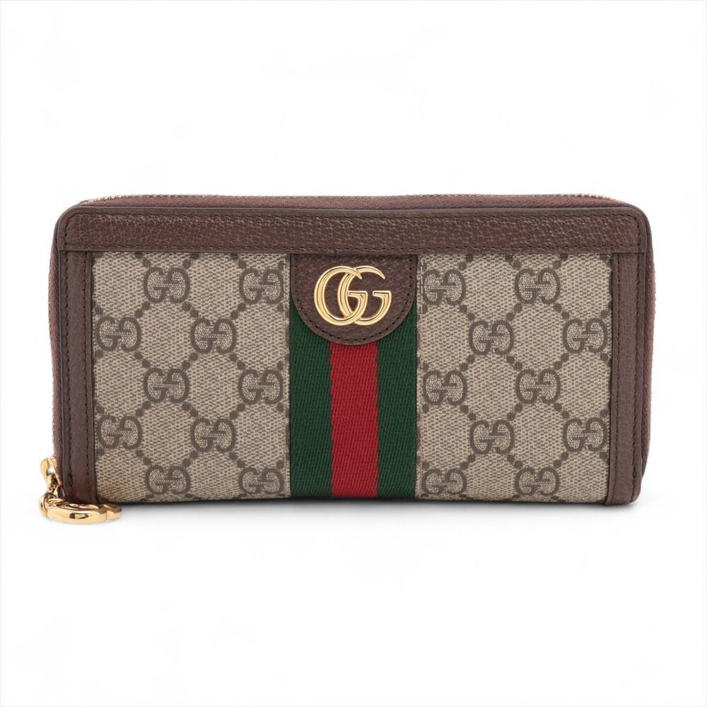 Gucci GG Supreme Leather Round Zip Wallet Beige Brown